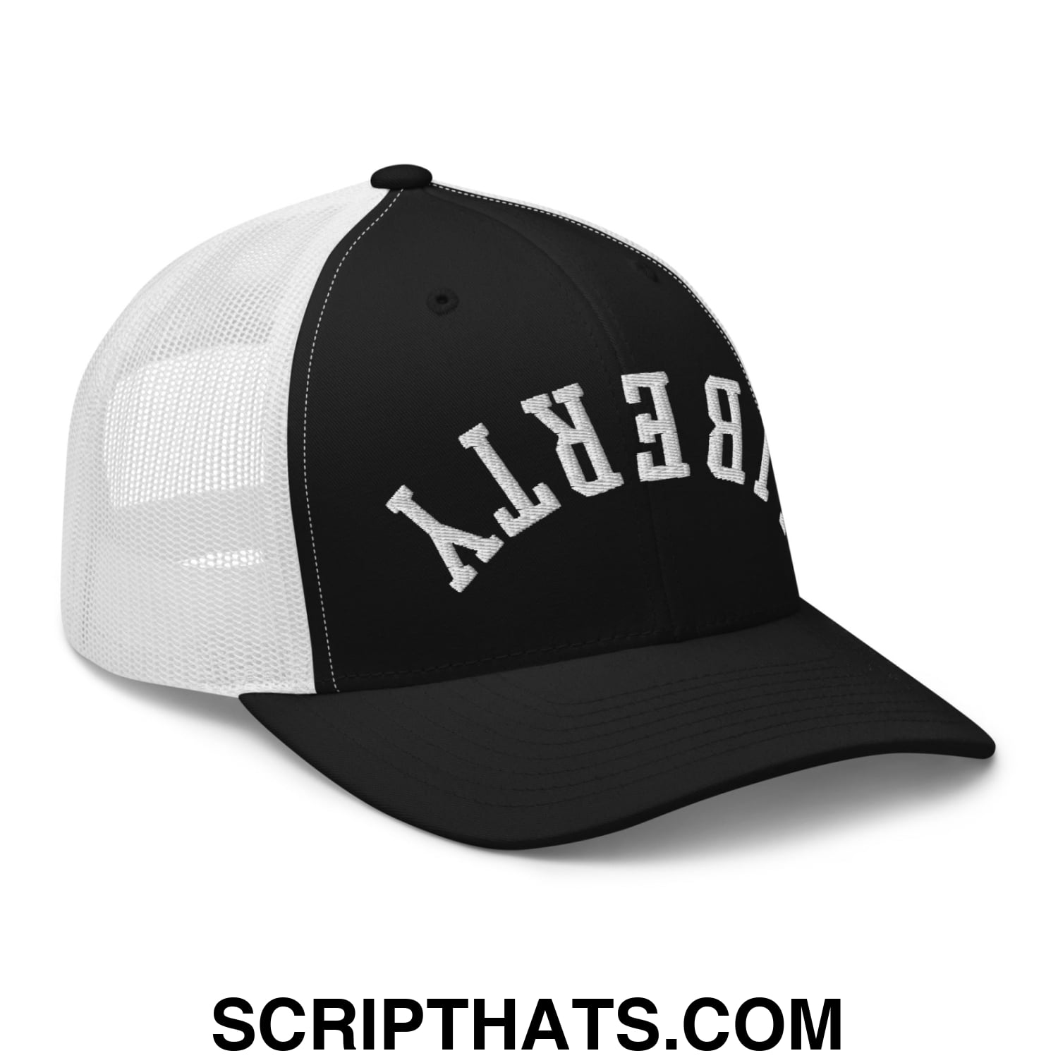 Upside Down Liberty Embroidered Mesh Trucker Hat Black White
