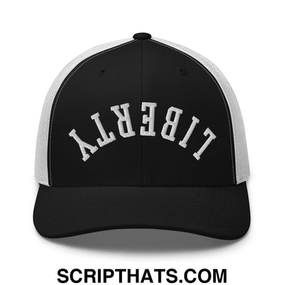 Upside Down Liberty Embroidered Mesh Trucker Hat Black White