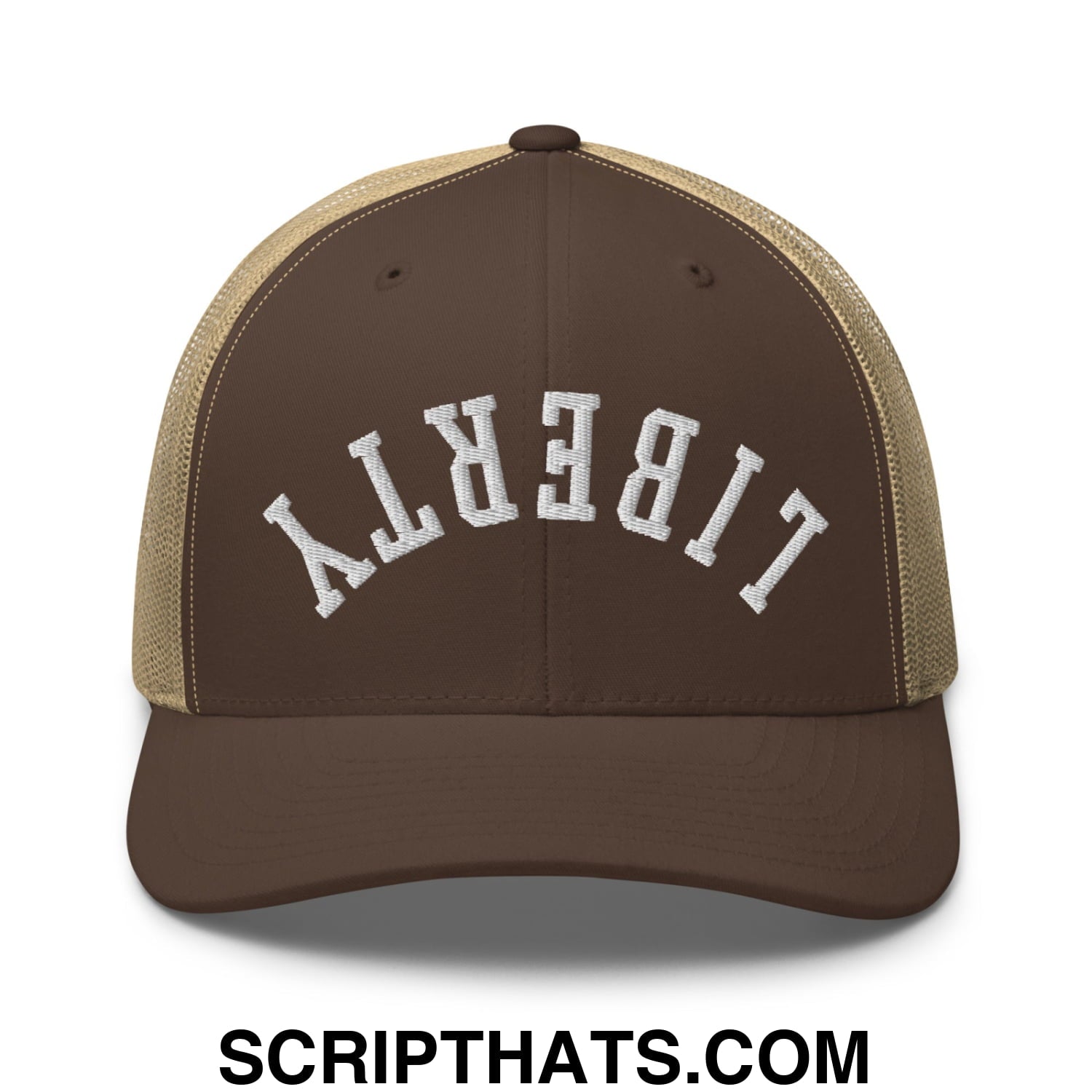 Upside Down Liberty Embroidered Mesh Trucker Hat Brown Khaki