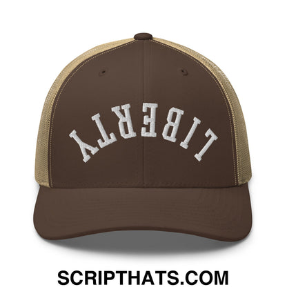 Upside Down Liberty Embroidered Mesh Trucker Hat Brown Khaki