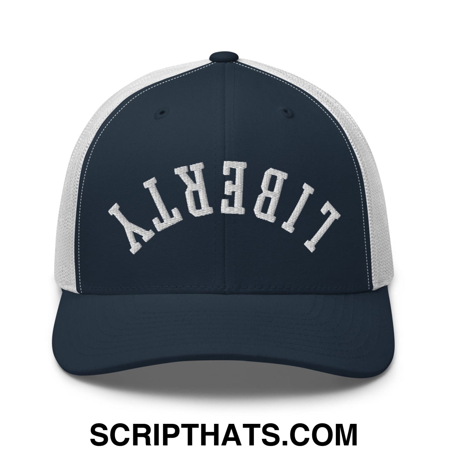 Upside Down Liberty Embroidered Mesh Trucker Hat Navy White