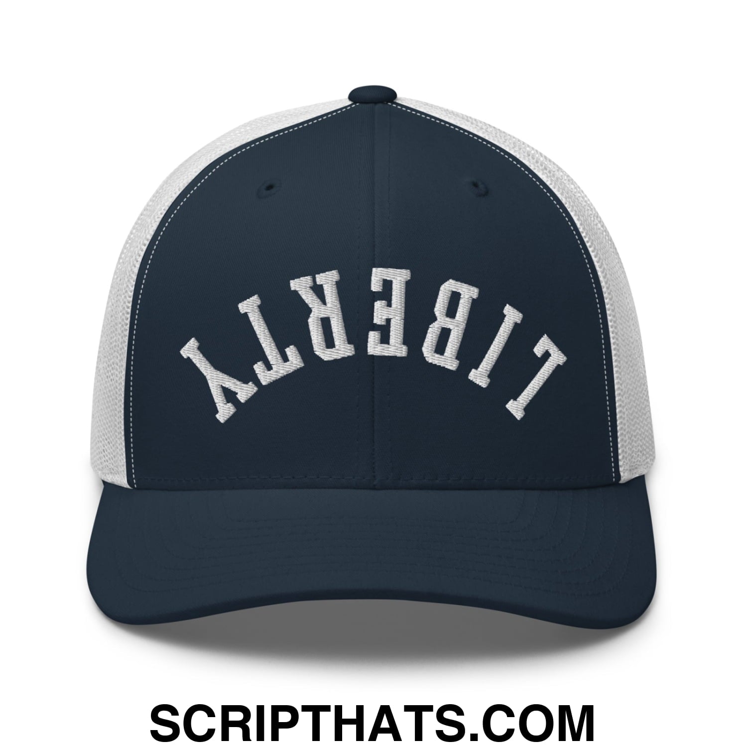 Upside Down Liberty Embroidered Mesh Trucker Hat Navy White
