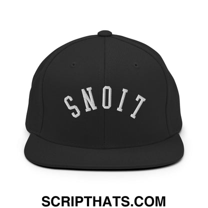 Black snapback hat with white embroidered snoit in collegiate-style font on flat bill brim by upside down lions