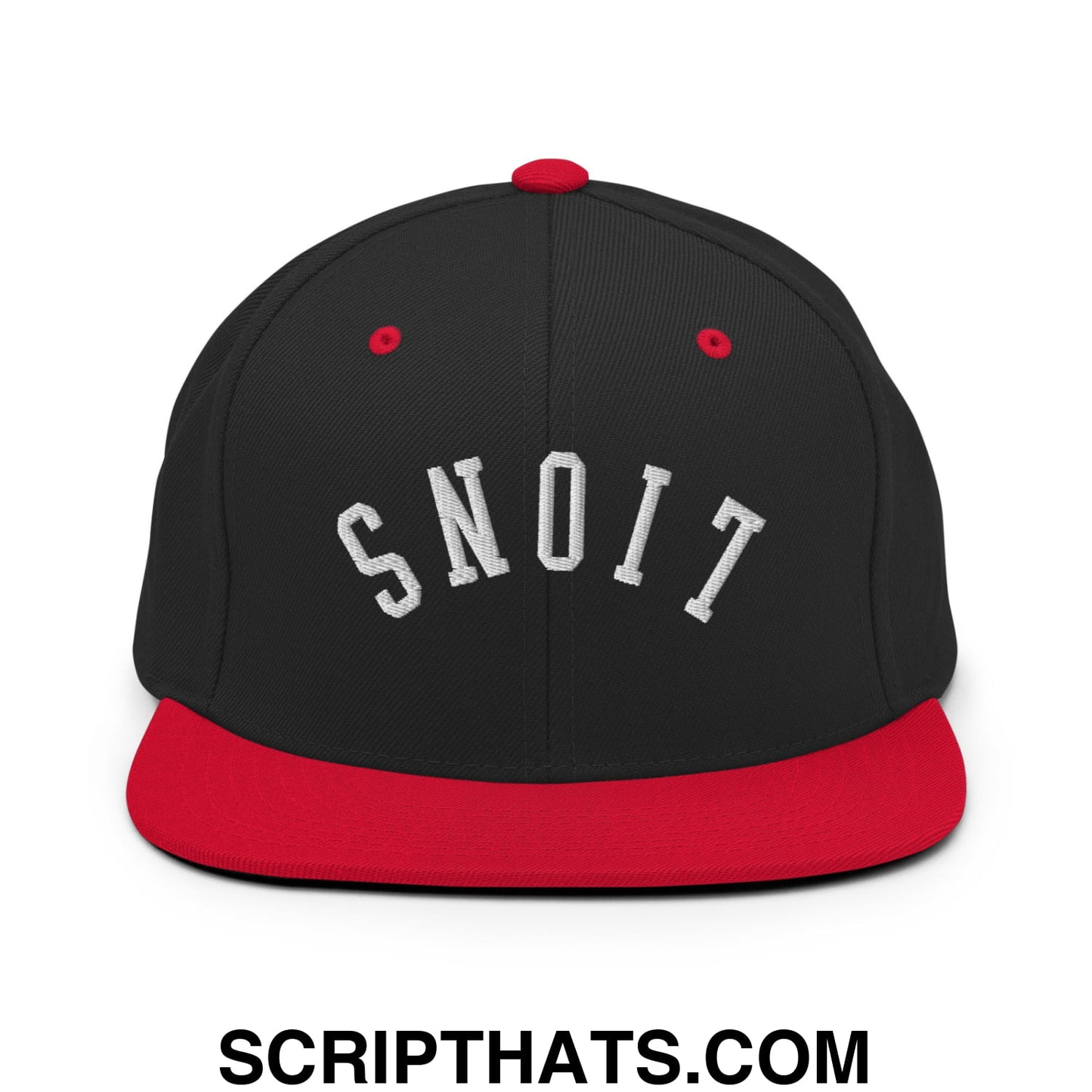Black and red snapback cap with white embroidered snoit lettering and flat bill brim from upside down lions