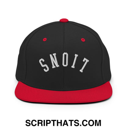 Black and red snapback cap with white embroidered snoit lettering and flat bill brim from upside down lions