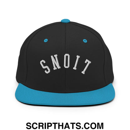 Black snapback cap with teal flat bill brim and button featuring white snoit embroidery upside down lions design