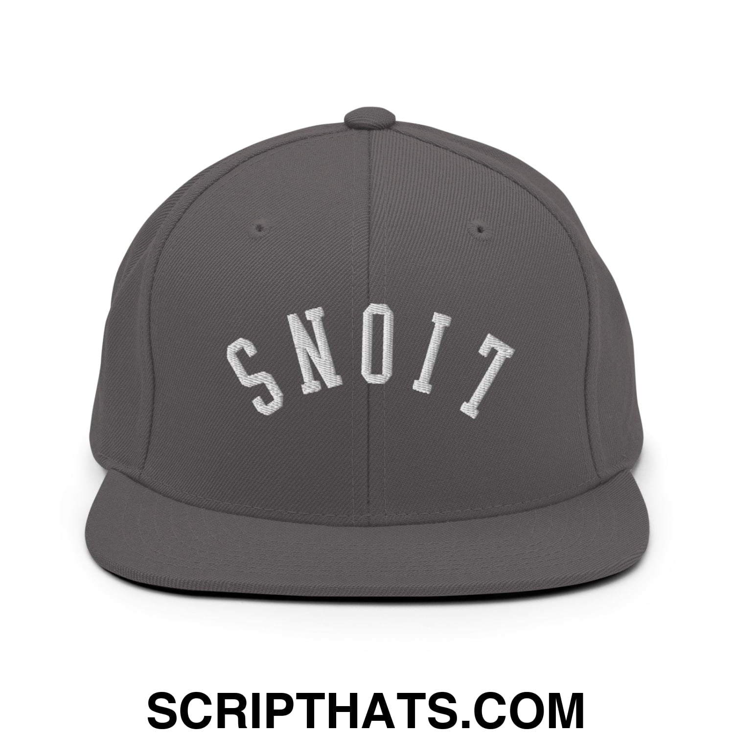Gray flat bill snapback hat with white embroidered snoit in an arched design from upside down lions collection