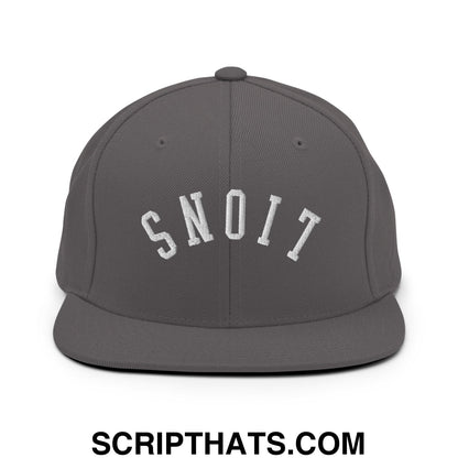 Gray flat bill snapback hat with white embroidered snoit in an arched design from upside down lions collection