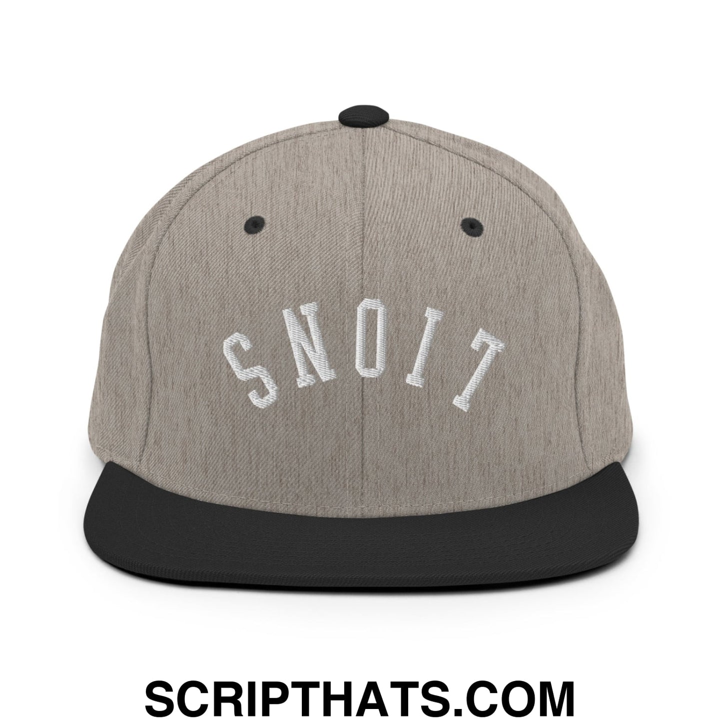Gray and black snapback hat with white embroidered snoit lettering featuring a flat bill brim design