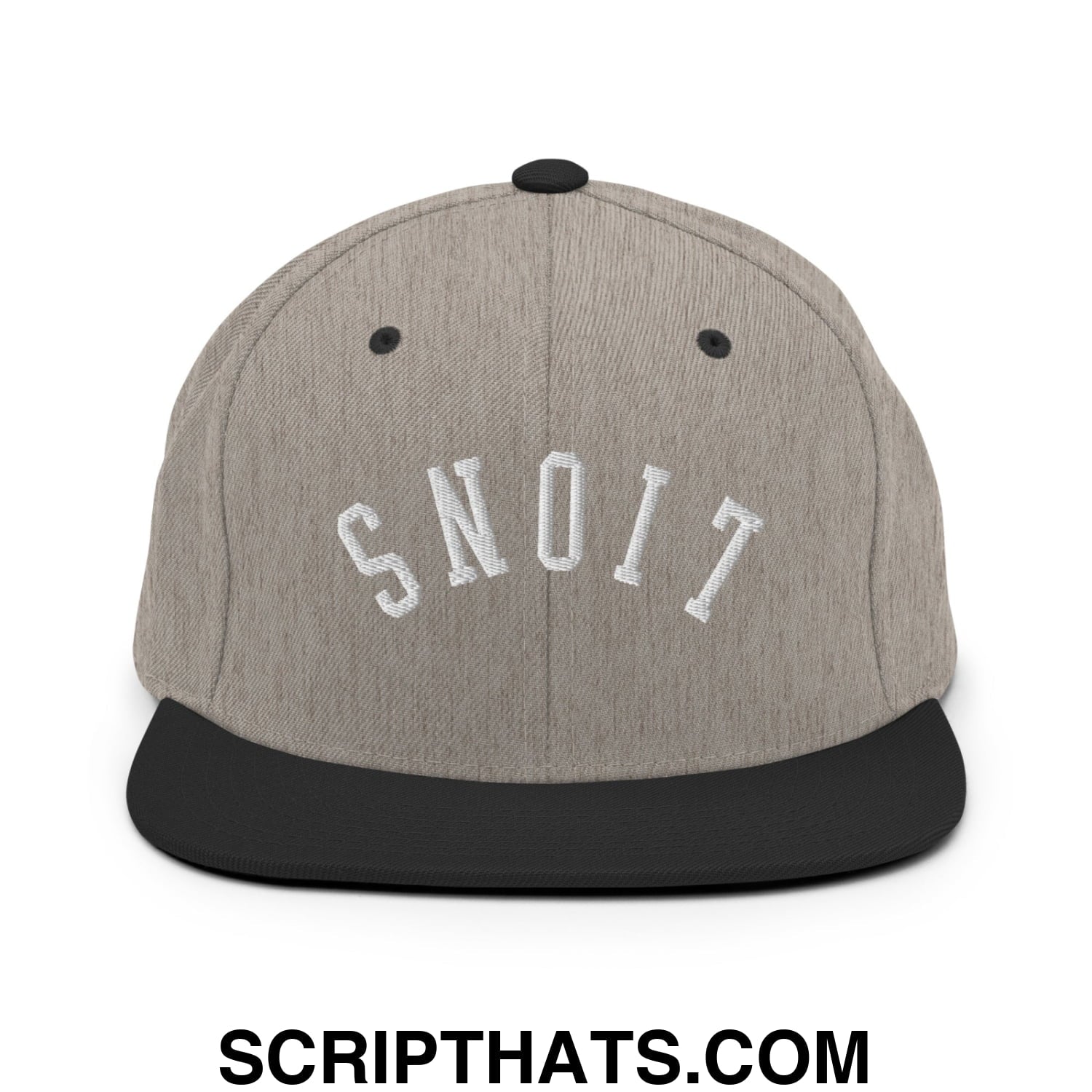 Gray and black snapback hat with white embroidered snoit lettering featuring a flat bill brim design