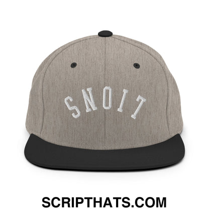 Gray and black snapback hat with white embroidered snoit lettering featuring a flat bill brim design