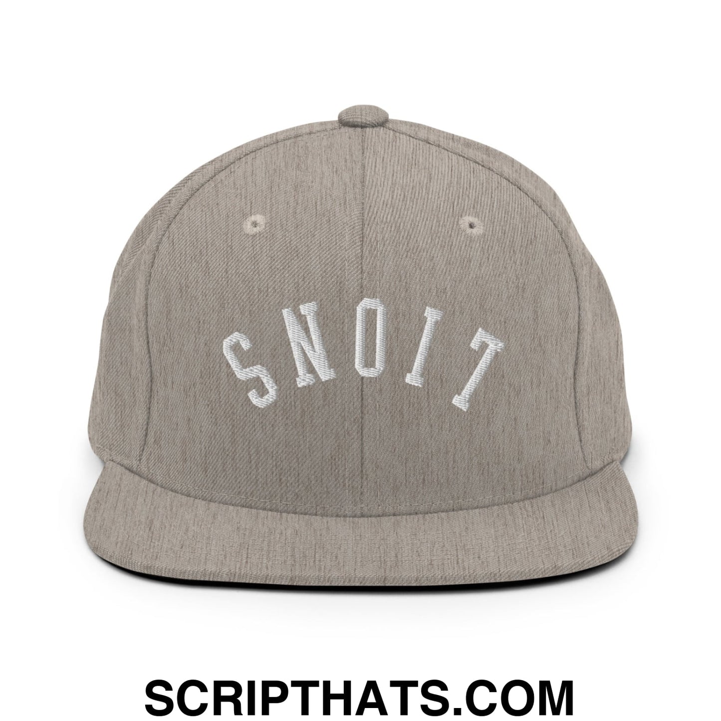 Gray snapback hat with white embroidered snoit lettering featuring an upside down lions flat bill brim design