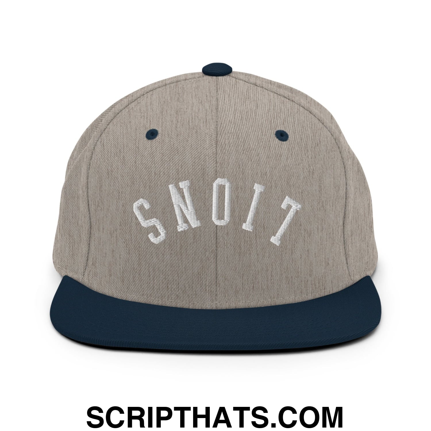 Gray and navy blue snapback hat with white embroidered snoit lettering and flat bill brim for casual wear