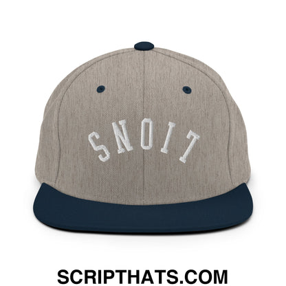 Gray and navy blue snapback hat with white embroidered snoit lettering and flat bill brim for casual wear