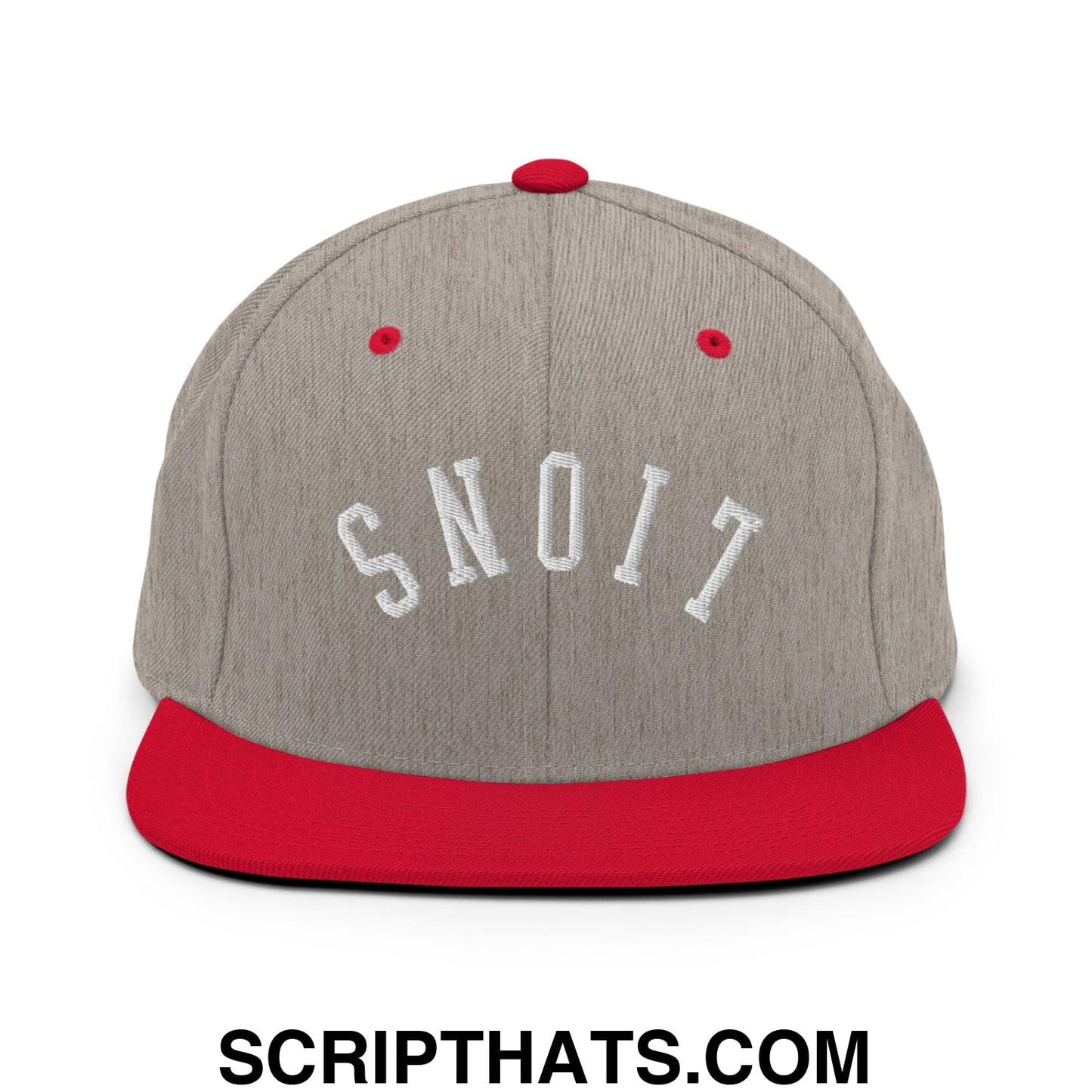 Gray and red snapback cap with white embroidered snoit lettering from the upside down lions flat bill brim hat collection