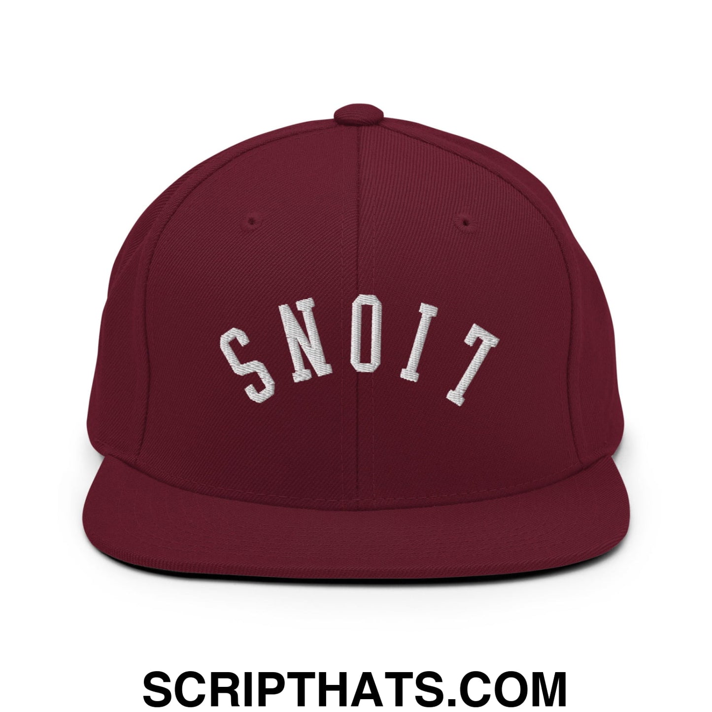 Maroon Upside Down Lions embroidered flat bill snapback hat with white snoit lettering in arched design