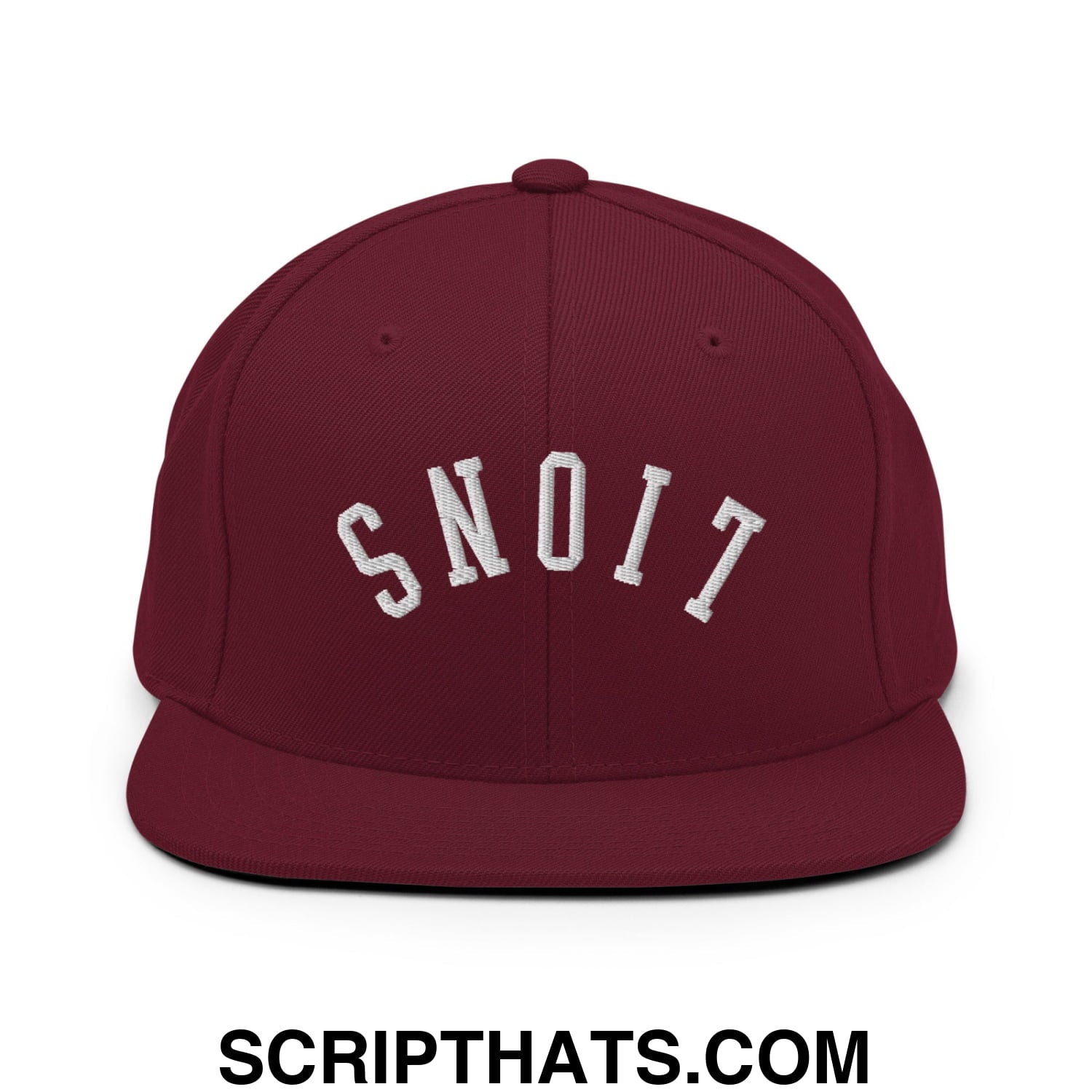 Maroon Upside Down Lions embroidered flat bill snapback hat with white snoit lettering in arched design