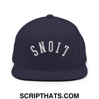 Navy blue flat bill snapback hat with white embroidered snoit arch design from upside down lions collection