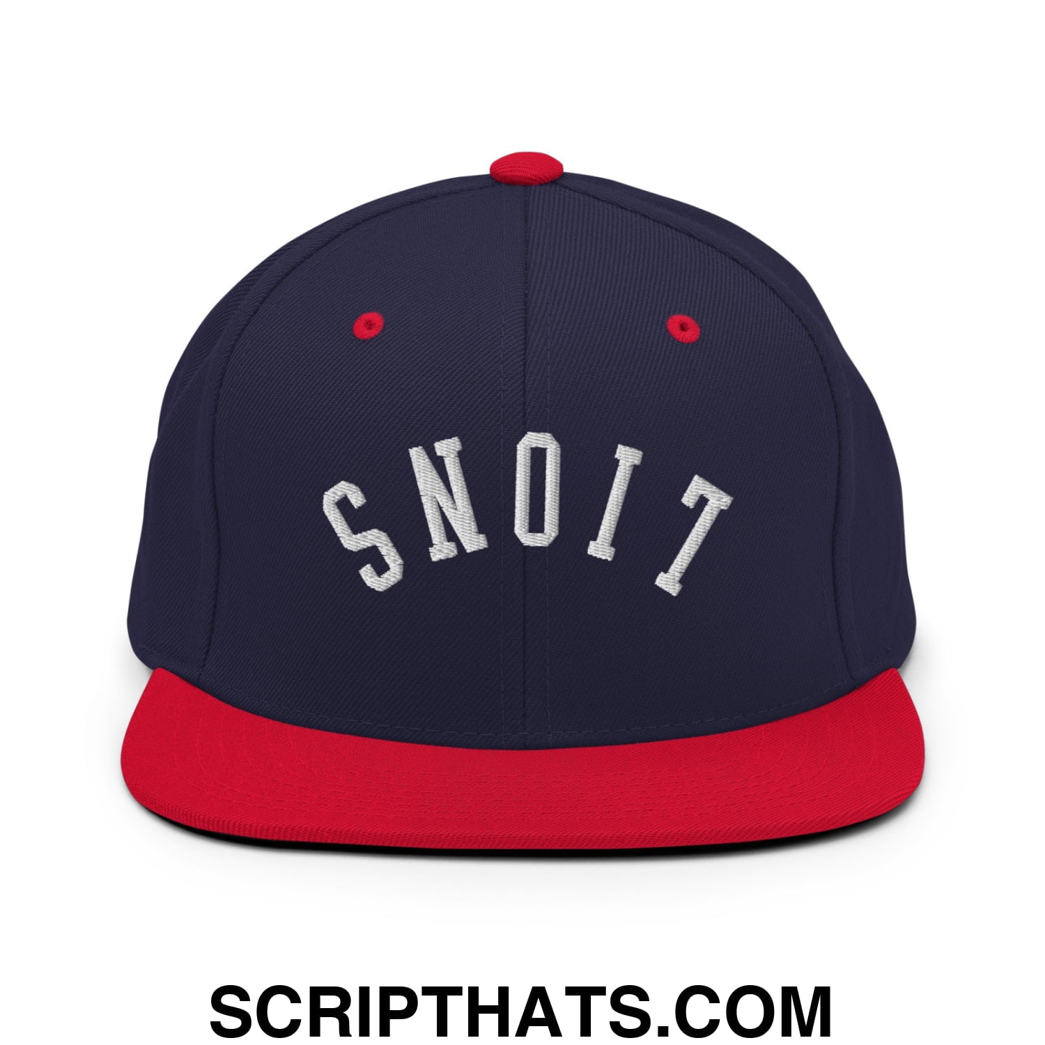 Navy blue and red snapback hat with white embroidered snoit lettering and flat bill brim for casual wear