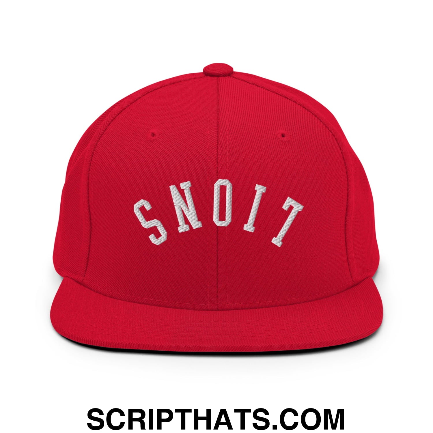 Red snapback cap with white embroidered snoit lettering in arched design from upside down lions flat bill hat
