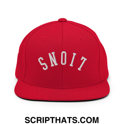 Red snapback cap with white embroidered snoit lettering in arched design from upside down lions flat bill hat