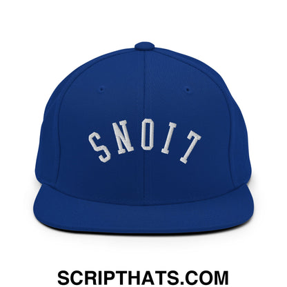 Royal blue flat bill snapback hat with white embroidered snoit lettering in an arched design upscale style