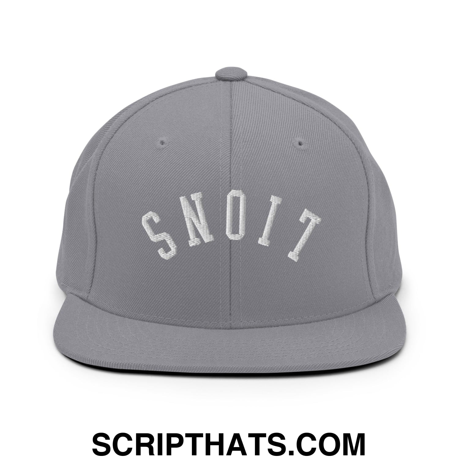Gray snapback hat with white embroidered snoit in an arched design featuring flat bill brim and upside down lions logo