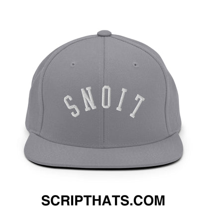 Gray snapback hat with white embroidered snoit in an arched design featuring flat bill brim and upside down lions logo