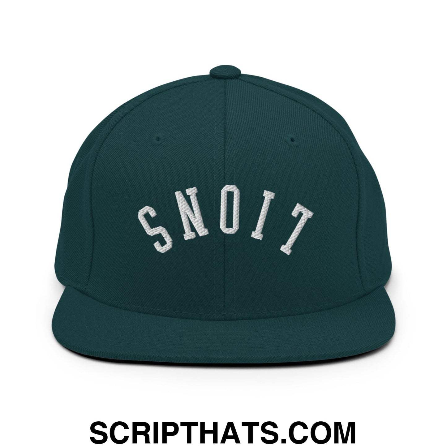 Dark green snapback cap with white embroidered snoit lettering in an arched design flat bill brim hat