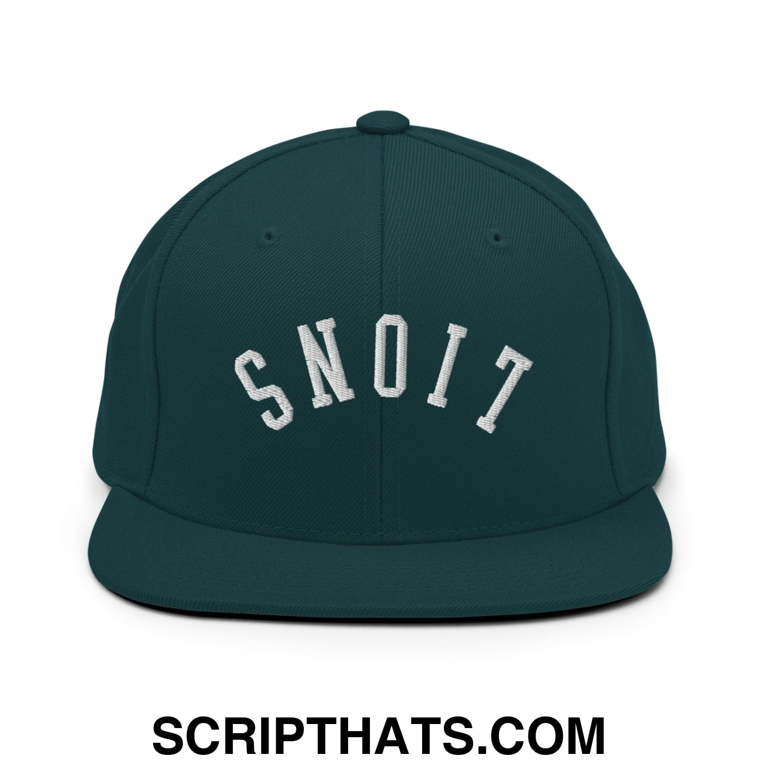 Dark green snapback cap with white embroidered snoit lettering in an arched design flat bill brim hat