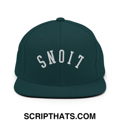 Dark green snapback cap with white embroidered snoit lettering in an arched design flat bill brim hat