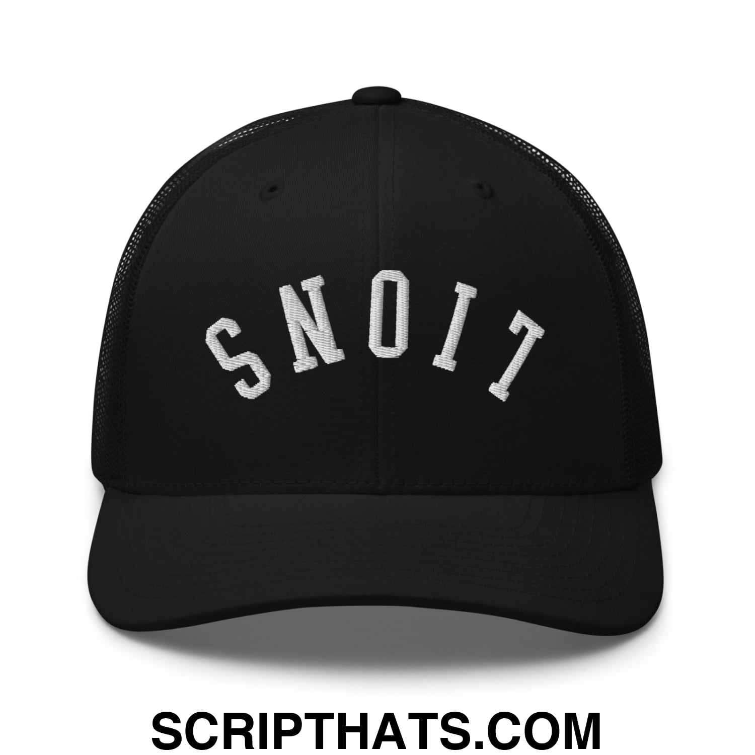 Black mesh trucker hat with white embroidered snoit in collegiate font front upsidedown lions design