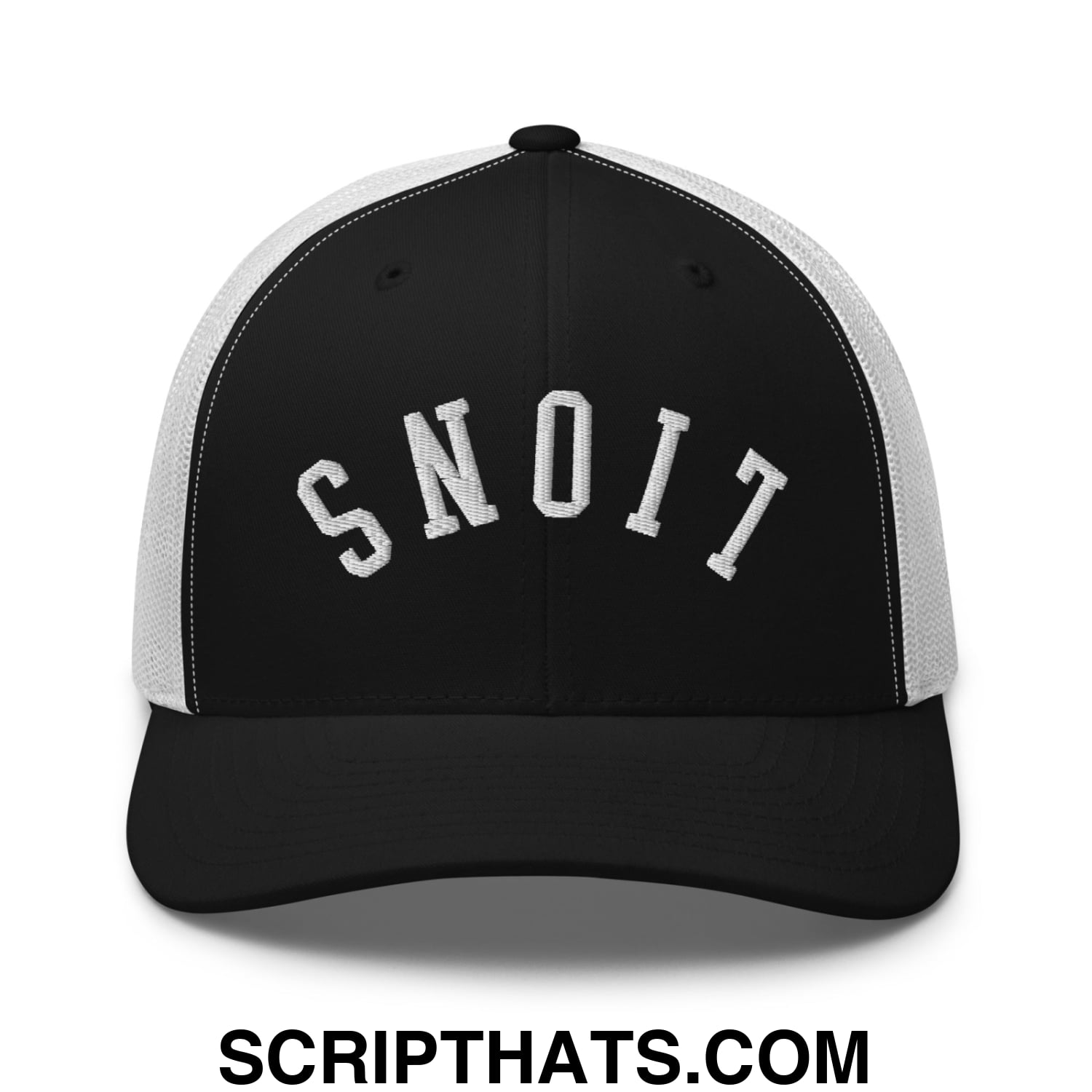 Black and white mesh trucker hat with snoit embroidered in curved design from upside down lions collection