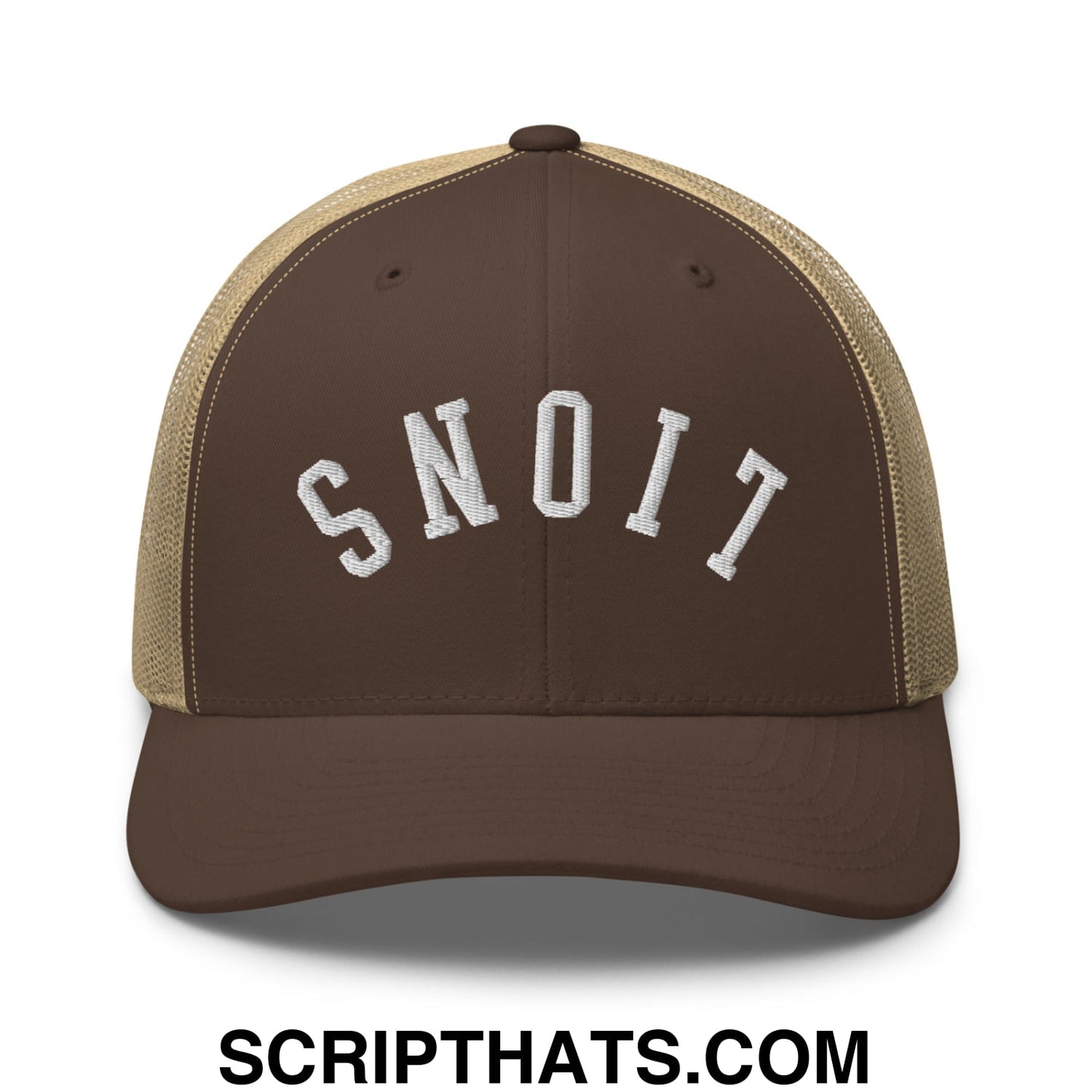 Brown and tan mesh trucker hat with white embroidered snoit lettering from upside down lions collection
