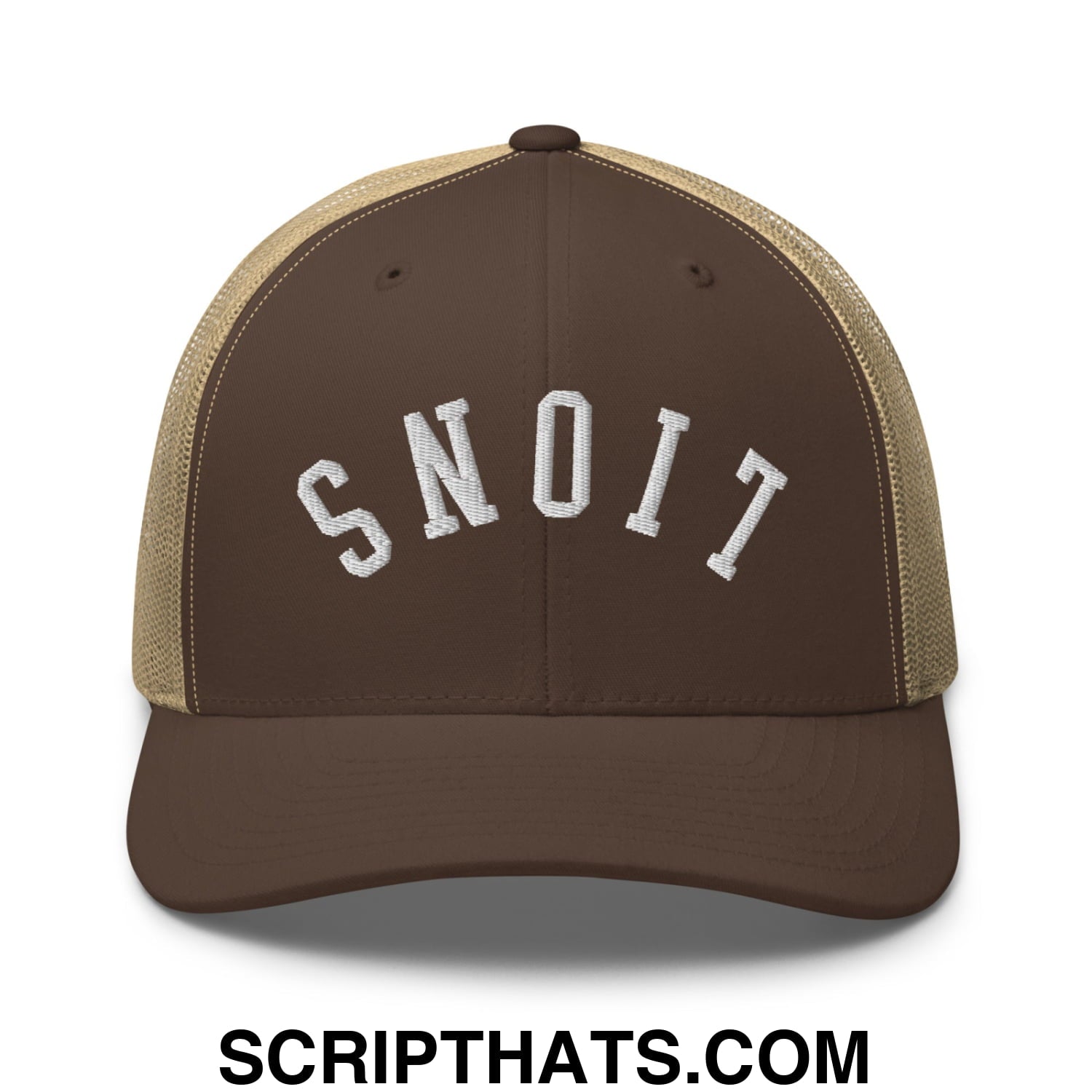 Brown and tan mesh trucker hat with white embroidered snoit lettering from upside down lions collection