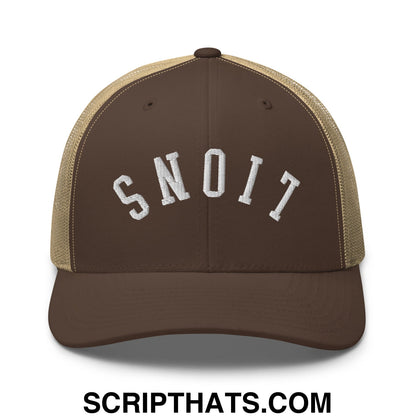 Brown and tan mesh trucker hat with white embroidered snoit lettering from upside down lions collection