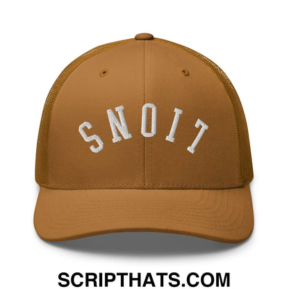 Tan mesh trucker hat with white embroidered snoit arch front from the Upside Down Lions collection