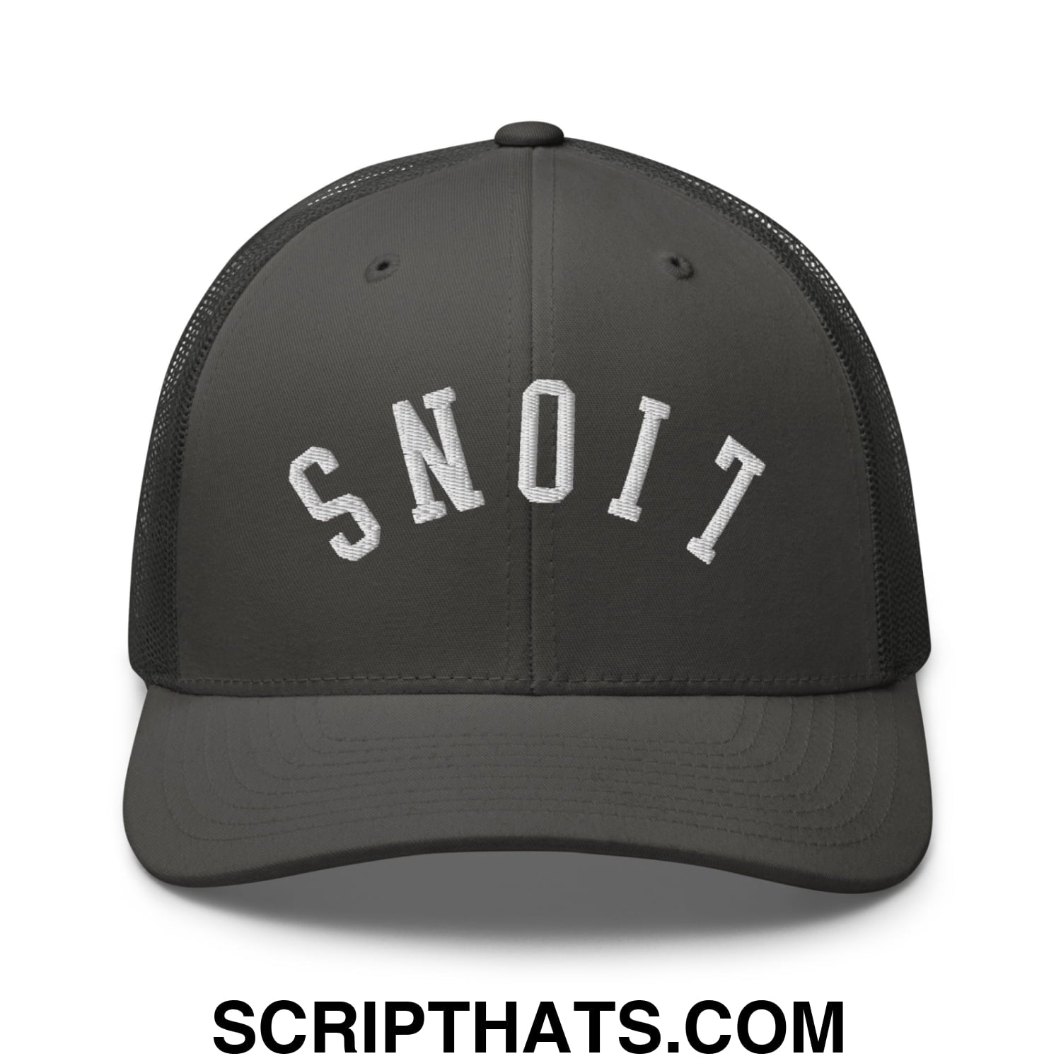 Dark gray mesh trucker hat with white embroidered snoit in collegiate font from upside down lions collection