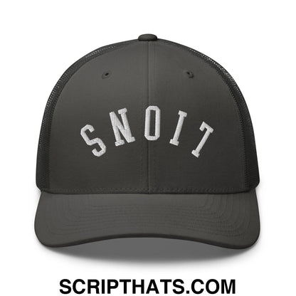 Dark gray mesh trucker hat with white embroidered snoit in collegiate font from upside down lions collection