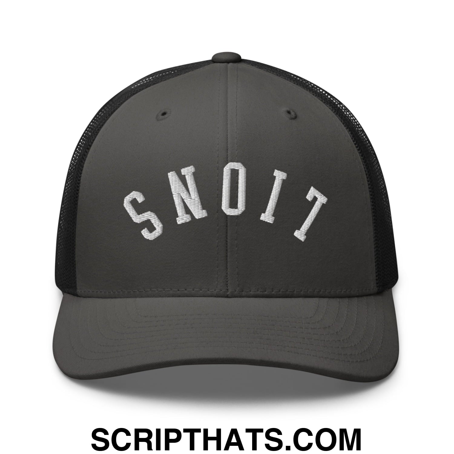 Dark gray mesh trucker hat with white embroidered snoit lettering front design Upside Down Lions style