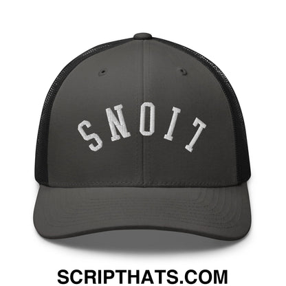Dark gray mesh trucker hat with white embroidered snoit lettering front design Upside Down Lions style