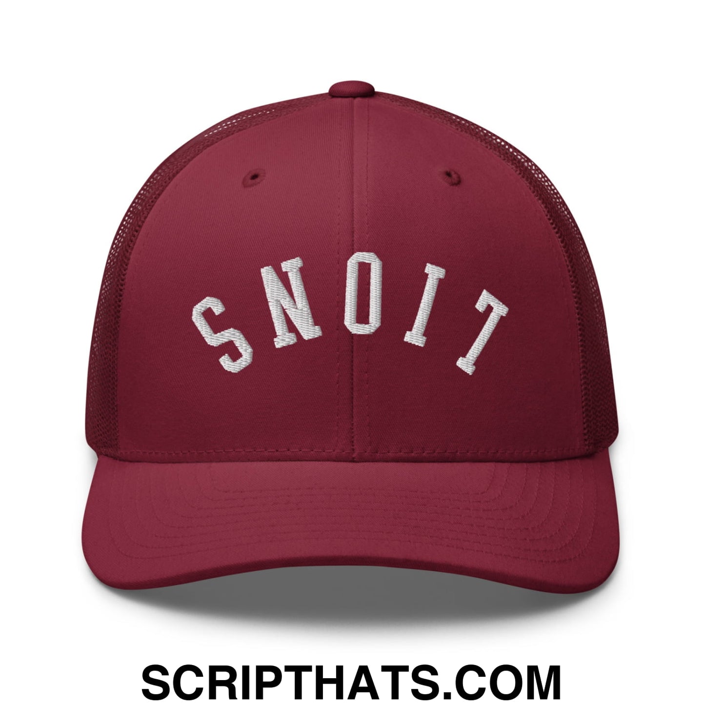 Maroon mesh trucker hat with white embroidered snoit design on front from Upside Down Lions collection