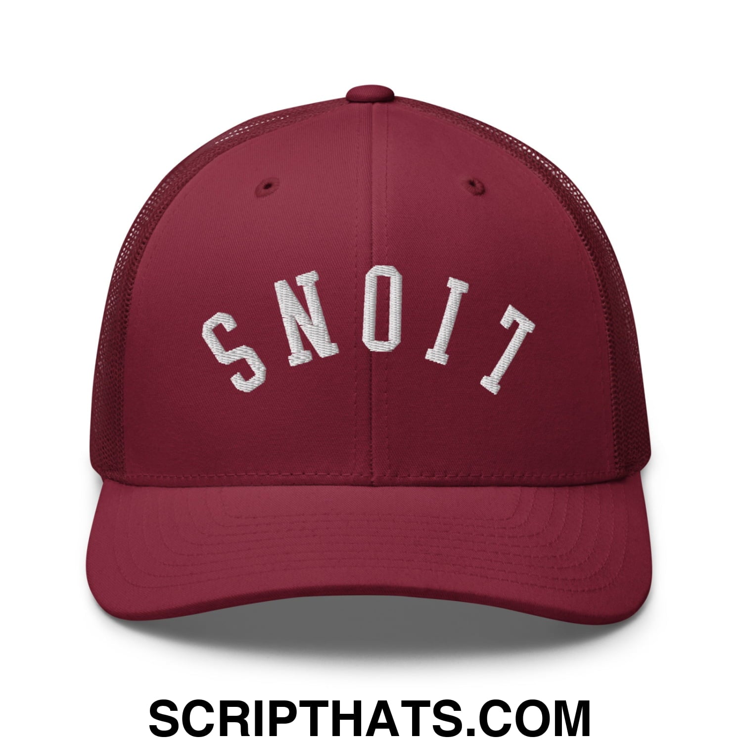 Maroon mesh trucker hat with white embroidered snoit design on front from Upside Down Lions collection