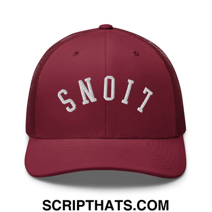 Maroon mesh trucker hat with white embroidered snoit design on front from Upside Down Lions collection