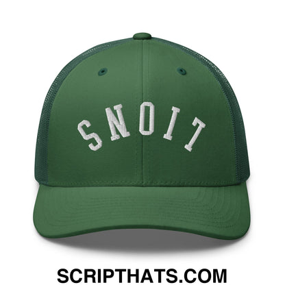 Dark green mesh trucker hat with white embroidered snoit lettering featured in Upside Down Lions design