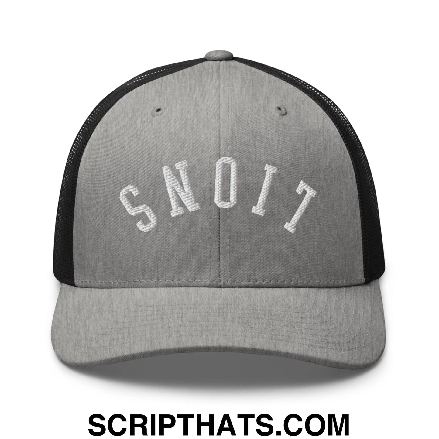 Gray and black mesh trucker hat with white embroidered snoit lettering from upside down lions collection