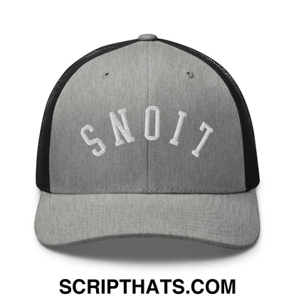 Gray and black mesh trucker hat with white embroidered snoit lettering from upside down lions collection