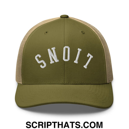 Olive green and tan mesh trucker hat with white embroidered snoit lettering from Upside Down Lions collection