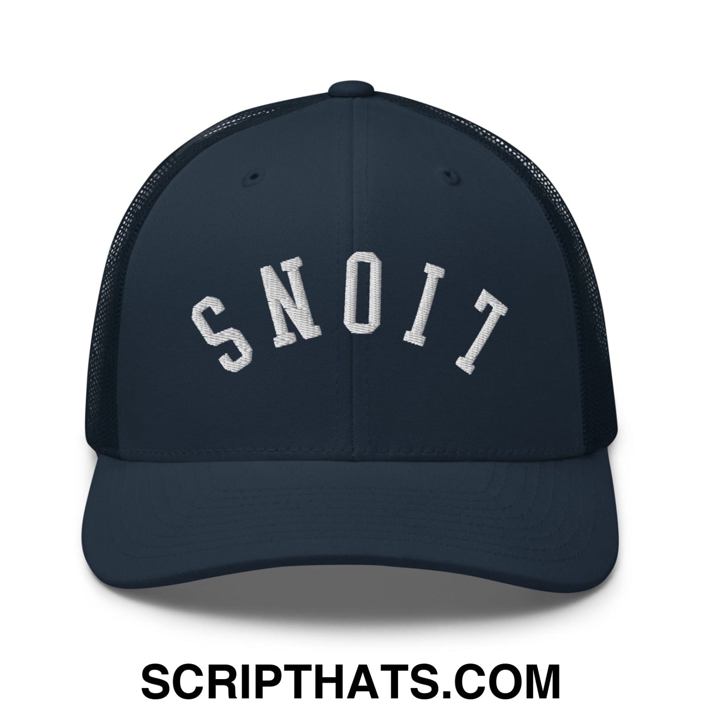 Dark navy mesh trucker hat with white embroidered snoit lettering from upside down lions collection