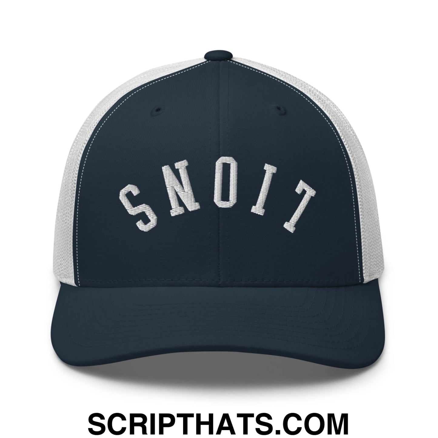 Navy blue and gray mesh trucker hat with white upside down lions embroidered snoit design on front panel